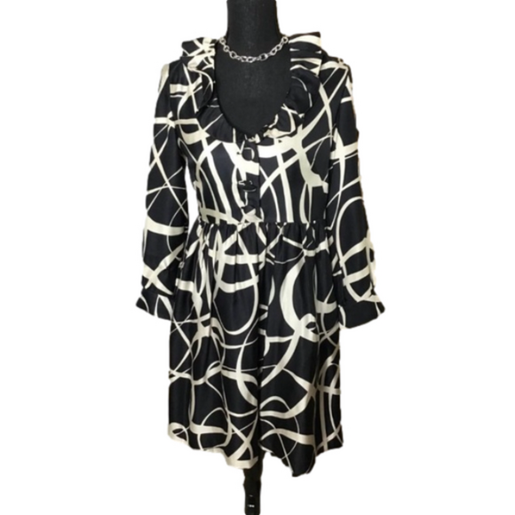 J. Crew Dresses & Skirts - J Crew Womens Size 2 Black‎ and Ivory Silk Ruffled Neck Geometric Print Dress